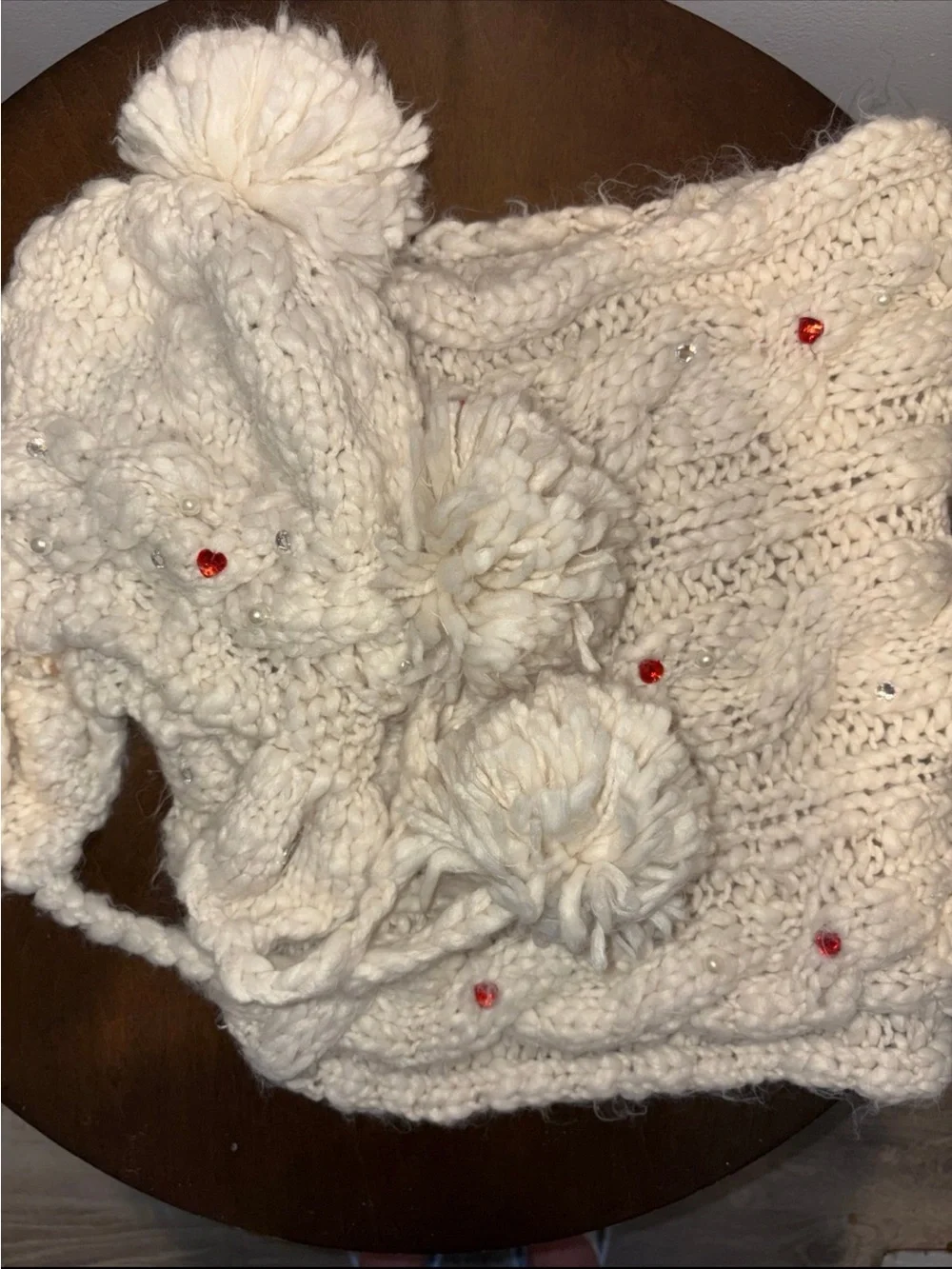 Betsey Johnson Cream Cable Knit Pom-Pom Hat and Scarf Set with Red Bead Accents
